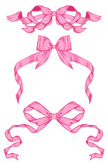 Vintage pink bow frame set for wedding invitation card, hand drawn on transparent background.
