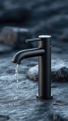Matte black faucet, water flowing, rocks, water