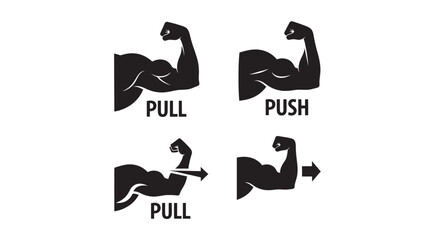 Biceps flexing with pull and push labels and arrows silhouette