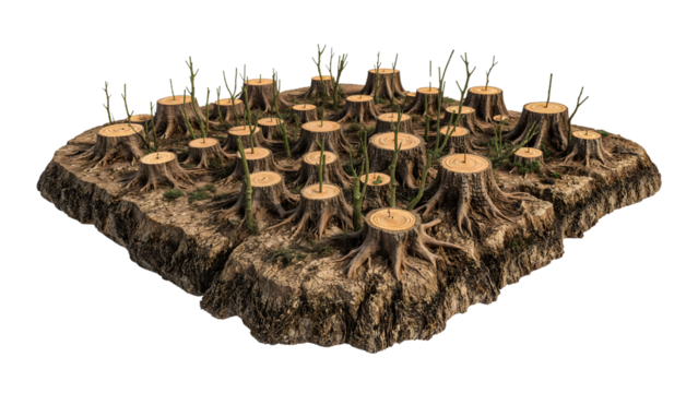 Deforestation concept showing numerous tree stumps on dry earth with new branches sprouting, symbolizing environmental impact and regeneration