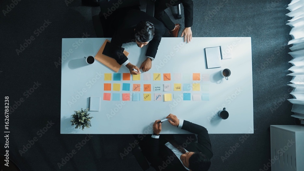 Aufkleber time lapse of professional business people write and share idea on colorful sticky notes. top view o