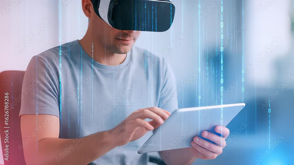 Poster immersive virtual reality experience with technology interaction using a headset