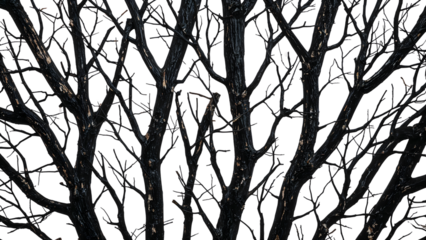 Dark bare tree branches against white background  winter nature pattern, minimalism, natural texture, abstract forest art