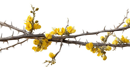 PNG of A striking branch adorned with bright yellow flowers, showcasing the beauty of springtime blooms against a neutral backdrop.