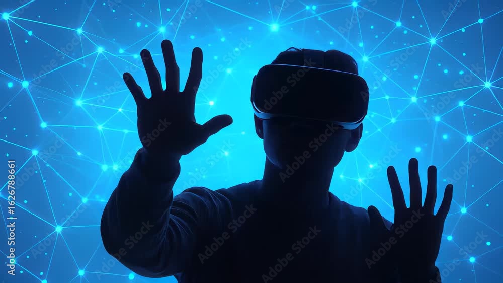 Poster engaging experience in virtual reality with hands reaching out to interactive elements