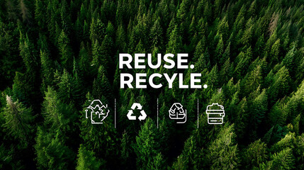 Lush green forest canopy with white text and recycling symbols trees nature