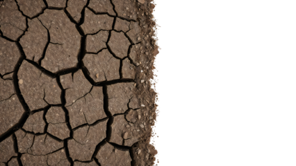 Cracked dry earth texture on the transparent background highlighting drought, climate change, and environmental crisis