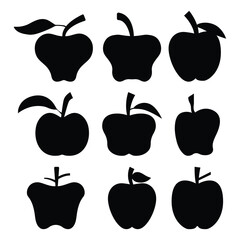 Black Apple Silhouettes Collection with Leaves and Stems