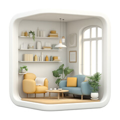 Modern living room interior with blue sofa, yellow armchair, coffee table, and shelves isolated on transparent background
