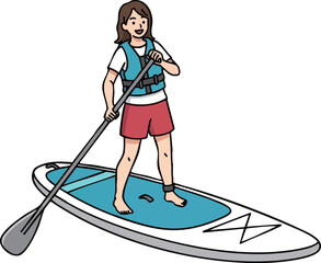 SUPを楽しむ女性_夏の水上スポーツアニメイラスト