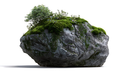 Lush green moss and foliage covering a weathered grey boulder rock
