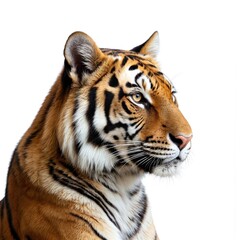 Fototapeta premium Close-up portrait of majestic tiger with intense gaze. Features vibrant orange fur, black stripes, piercing yellow eyes. Isolated on clean white background, powerful predator embodies wild nature,