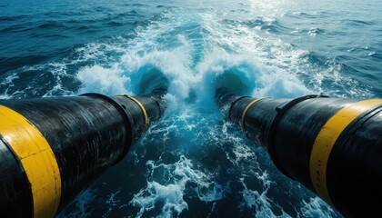Two large, yellow, black striped hoses descend into vibrant blue ocean water. Heavy-duty pipes create turbulent wake, signifying industrial offshore operations, underwater infrastructure deployment.