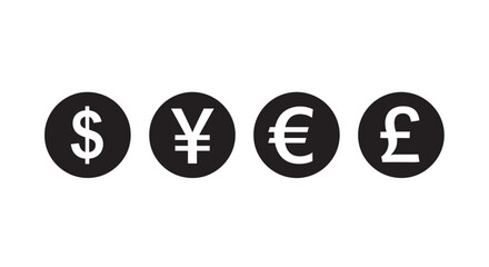 Four major currency symbols dollar yen euro pound silhouette