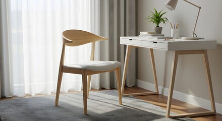 Modern Wooden Desk Chair and Desk in a Bright Home Office