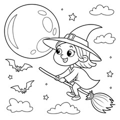 Cute cartoon witch flying on broomstick with pumpkin bats moon and stars halloween