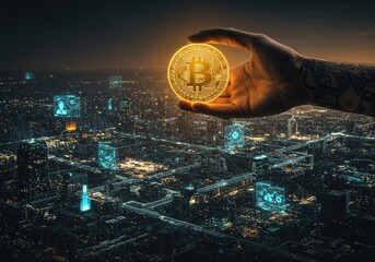 A glowing Bitcoin coin is held above a futuristic cityscape at night.