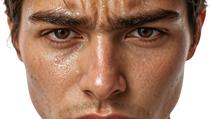Closeup of young mans sweaty face with pores and natural skin texture showing determined expression and intense eye contact