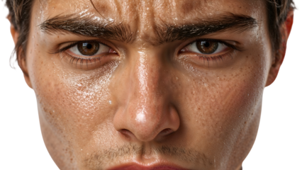 Closeup of young mans sweaty face with pores and natural skin texture showing determined expression and intense eye contact