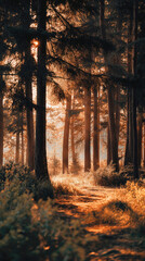 forest path bathed in warm golden sunlight, casting long shadows through tall pine trees and creating a tranquil, magical atmosphere