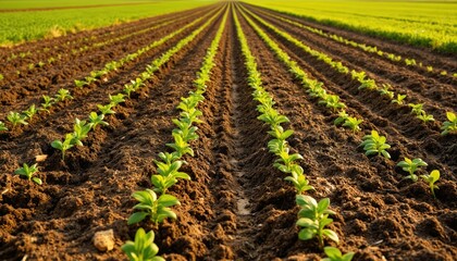 Obraz premium Tilled soil rows with young green plants growing. Field prepared for new crop planting. Agricultural landscape with cultivated seedlings in rural farmland. Healthy growth, eco-friendly farming