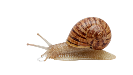 Closeup of brown garden snail with striped shell crawling on the transparent background, isolated wildlife, nature, animal, mollusk concept