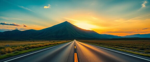 Sunrise paints a square asphalt road leading towards a majestic green mountain under a vibrant sky, asphalt, nature