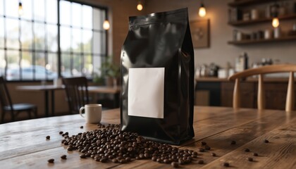 Black coffee bag with blank label rests on rustic wooden table near pile of fresh roasted beans. Cozy cafe ambiance with warm lighting, blurred background. Ideal for coffee branding, specialty coffee