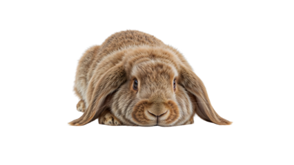 Adorable lopeared brown rabbit lying down on the transparent background with fluffy fur and cute expression