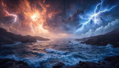 Naklejka premium Dramatic storm formation over vast ocean, with intense lightning bolts illuminating turbulent waves, rugged coastline. Fiery orange, deep blue clouds clash in sky, creating powerful display of nature
