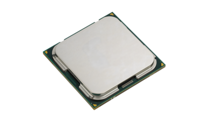 Modern computer processor chip isolated on the transparent background, closeup of cpu component for technology, electronics, hardware, engineering, innovation