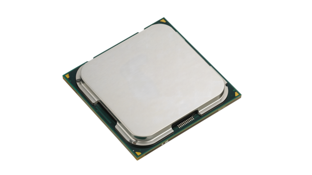 Modern computer processor chip isolated on the transparent background, closeup of cpu component for technology, electronics, hardware, engineering, innovation