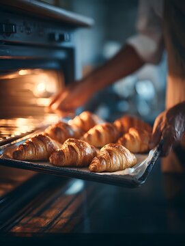 Fresh Baked Croissants: A close-up shot shows a tray of golden, freshly baked croissants being pulled from a warm oven by the skilled hands of a baker.