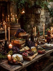 Rustic Feast: A meticulously arranged spread of ripe grapes, assorted cheeses, and other delicacies sits atop a weathered wooden table. The scene is illuminated by the warm glow of numerous candles.