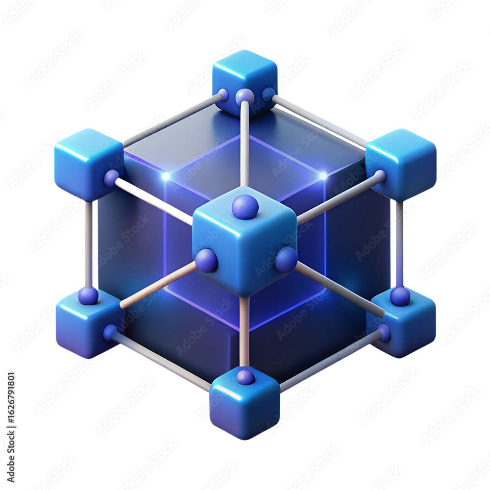 Poster 3d icon of a blue cube network connection isolated on transparent background