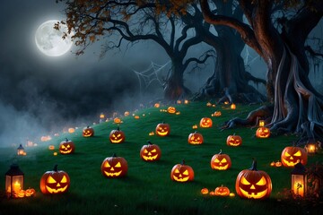 Fototapeta premium Halloween Wallpaper, Halloween Scene, spooky wallpaper, gothic Halloween wallpaper, horror background, jack o lantern, pumpkin wallpaper, ghost background