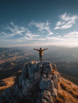 Summit Serenity: A solitary figure stands atop a rugged peak, arms outstretched, embracing the awe-inspiring panorama of nature's boundless beauty under a vast sky.