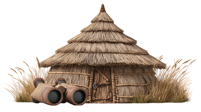 Primitive thatched hut with binoculars and dry grass isolated on transparent background