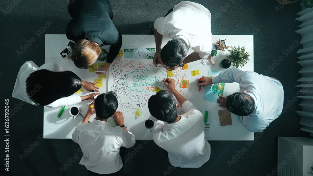 Poster top view of professional business team working together to brainstorm environmental idea by using mi