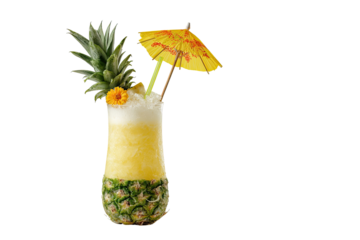 A vibrant yellow cocktail, shaped like a pineapple, garnished with a pineapple top, yellow umbrella, and flower