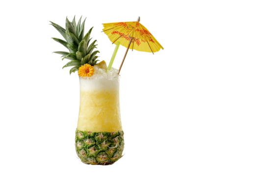 A vibrant yellow cocktail, shaped like a pineapple, garnished with a pineapple top, yellow umbrella, and flower