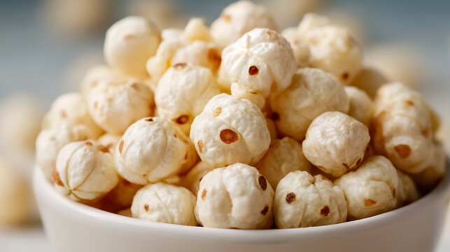 Close-up of White Bowl Filled with Makhana (Fox Nuts), Popped Lotus Seeds, Euryale ferox .