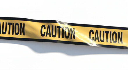 Caution tape with sunlight glow against white background.