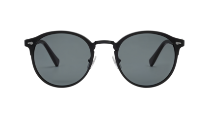 Classic round black sunglasses with dark polarized lenses on the transparent background for fashion and summer accessory trends