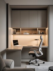 Minimalist home office with built in shelving and desk