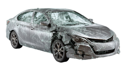 Damaged car with shattered windshield isolated on transparent background