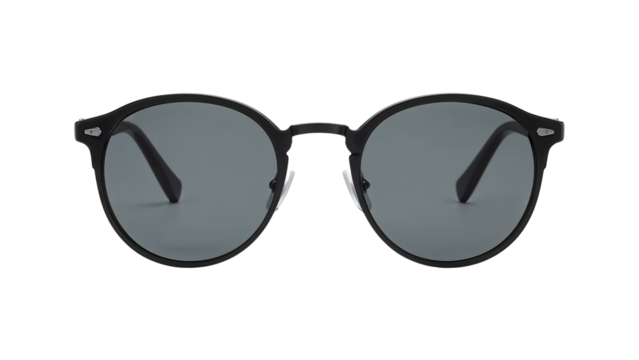 Classic round black sunglasses with dark polarized lenses on the transparent background for fashion and summer accessory trends