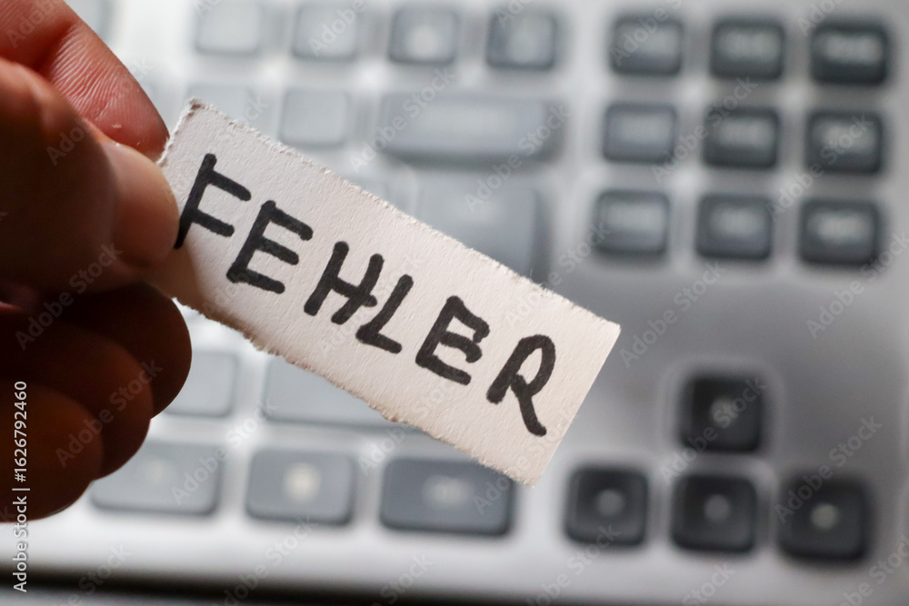 Poster a person holding a piece of paper with the word fehler in a close-up, focused on the keyboard backgr