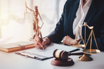 Lawyer Signing Legal Documents in Office with Lady Justice Statue Scales of Justice and Gavel Law...