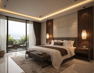 Luxurious modern bedroom suite with large balcony offers stunning natural views. Features comfortable king size bed, elegant decor, ambient lighting. Ideal for relaxation, sleep, room provides